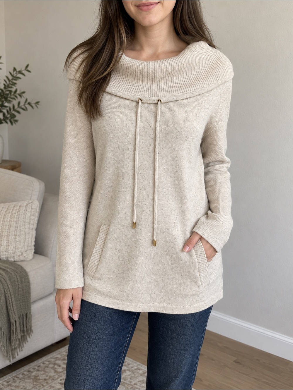 Calvin Klein Medium Ivory Cowl Neck Knit Sweater Tunic w/ Drawstrings